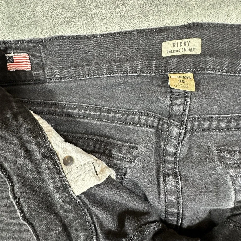 True Religion Ricky Relaxed Straight Jeans Mens 36x31 Black Flap Pocket Y2K VTG